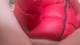 Red Puffy Down Jacket Vibrator And Dildo Masturbation