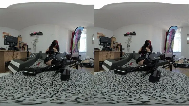 Latex woman with overkneeboots plays with dildo in her pussy POV VR 180° 3D SBS 60fps 3840x2160