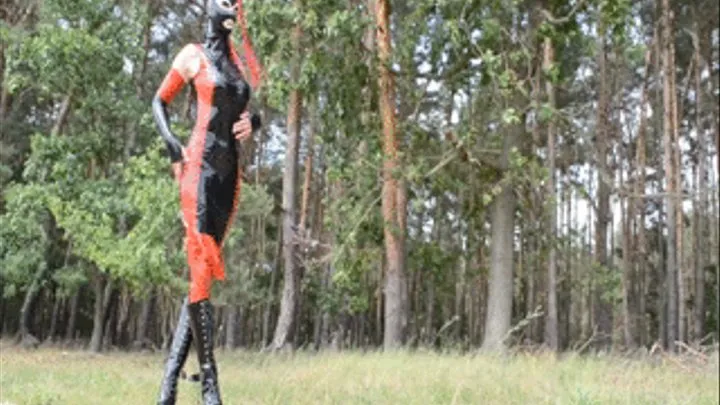 Outdoor in black red Latex dress, mask an 8inch (20cm) tower boots and pony tail mask