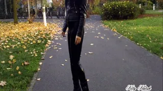 Outdoor in Latex leggings,leather jacket and Boot