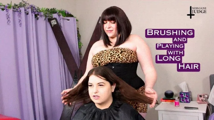 Brushing and Playing with Long Hair - Audio - featuring Sydney Screams and Jane Judge, with long natural brown hair brushing, head and scalp massage, long nails playing with hair, salon talk, and a hairdresser's cape in Jane's barber shop