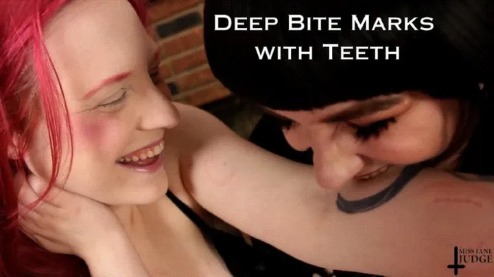 Deep Bite Marks with Teeth - featuring Violet October and Jane Judge, with teeth and mouth fetish, biting close up shots, sensual lesbian domination and showing off the tooth indents in her skin on Jane's Dungeon