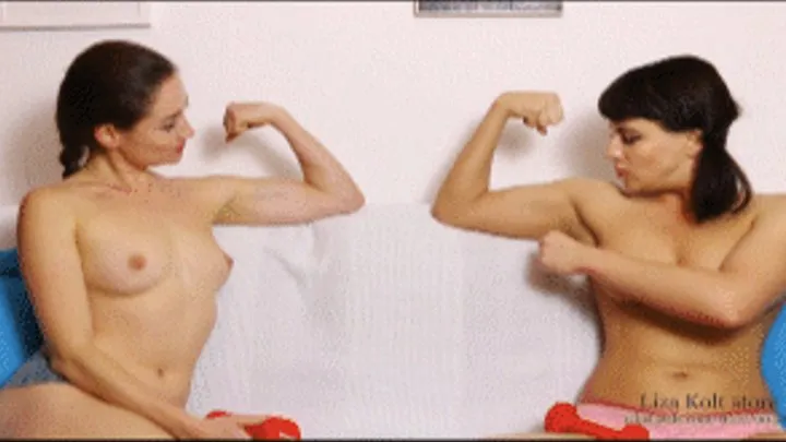 Sexy biceps: two topless hotties with dumbbells