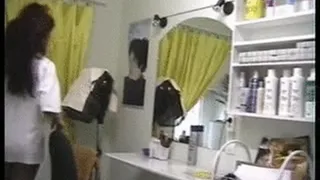 Naked employee in hairdressing salon