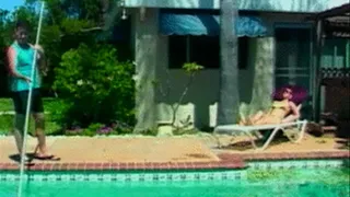 Pool boy fucks natural titted brunette milf