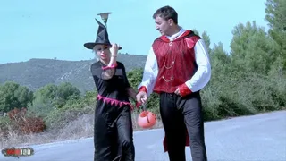 Halloween threesome in the woods with busty spanish milf Gina Snake