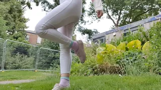 Soaked white leggings outdoor wetting peeing