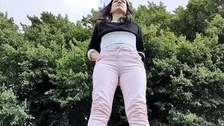 Pink jeans outdoor peeing in the sun