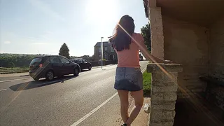 Denim skirt at the bus stop