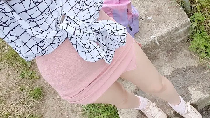 Pink skirt and blue panties outdoor wetting peeing