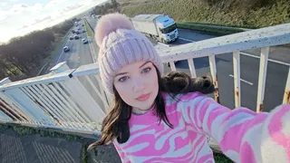 Pink leggings motorway bridge wetting peeing