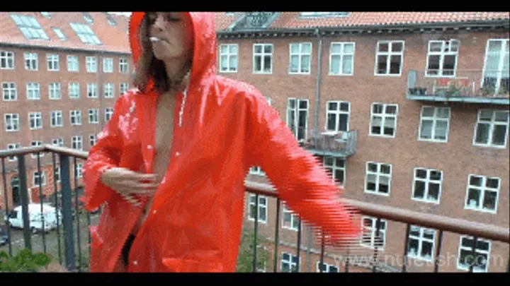 Smoking and Flashing in Red Rain Coat