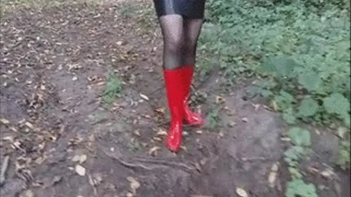 Red rubber boots and pantyhose, both parts together