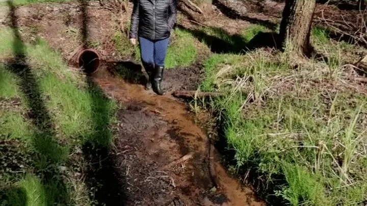 Black rubber boots and a stream in the forest