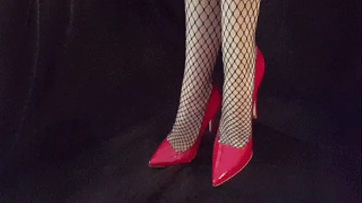 Fishnet stockings with red High Heels and red long toenails