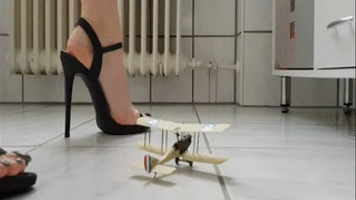 Giantess crushing model airplane in the bathroom with High Heels and black long toenails