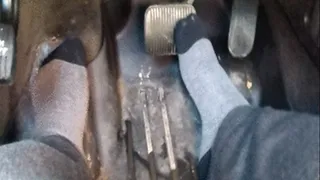 Three views of grey socked feet driving