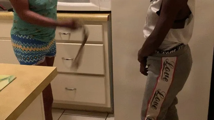 Girl gets a belt spanking for not cleaning the fridge