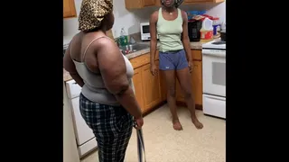 Ebony girl gets a hard belt spanking for not cleaning the sink