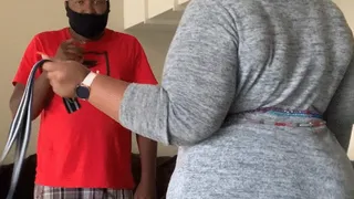 Ebony guy gets a hard belt spanking for not wearing his mask