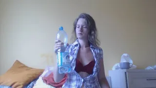I drink in open shirt and red bra water and gulp it