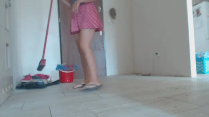 8 minutes of sweepng and washing floor in hall