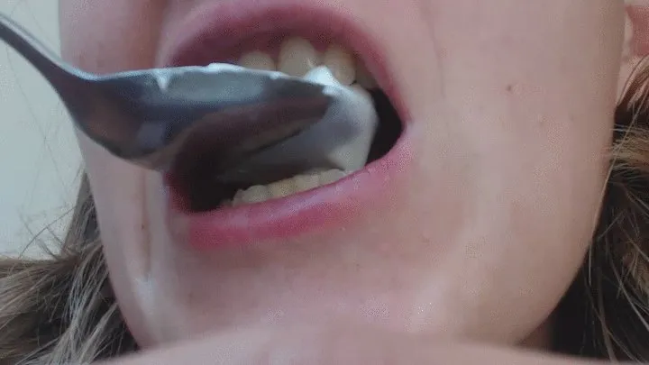 8 minutes eating yoghurt in big close up on my mouth to cam