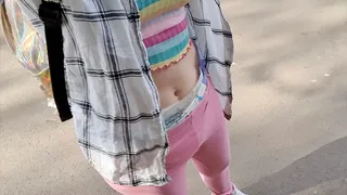 Cushies diaper pink leggings outdoors