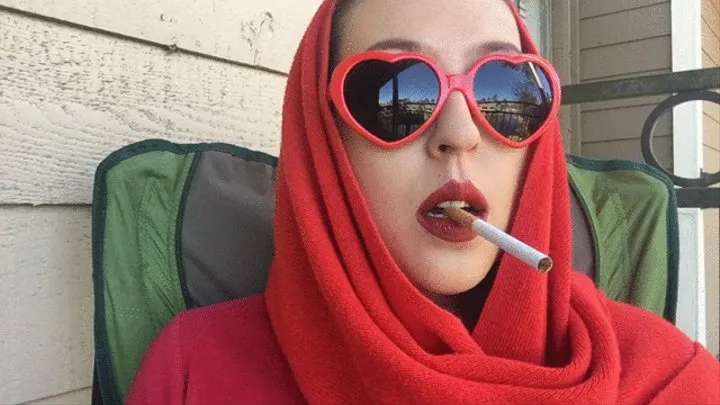 Retro Rockabilly Goddess D Smoking Cork Tip 100 Cigarette outside in Sunglasses and Scarf