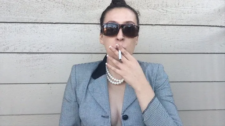 Sexy Businesswoman Smoking White Filter 100 King Size Cigarette in Winter Coat and Sunglasses - Perky Tits Cleavage