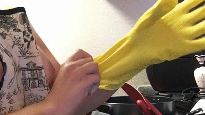 Bored Housewife Doing the Dishes in Yellow Gloves - Side View