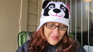 Cute Redhead Smoking White Filter 100 Cigarette Outside in Silly Panda Hat