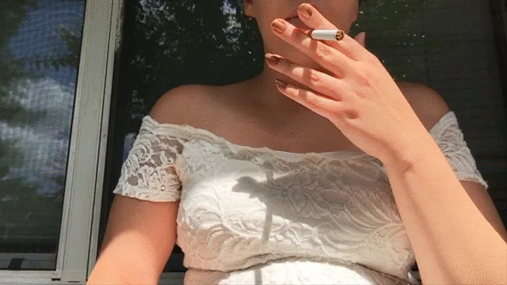 Sexy Smoker with Cork Tip 100 Cigarette Smoking in White Lace Dress