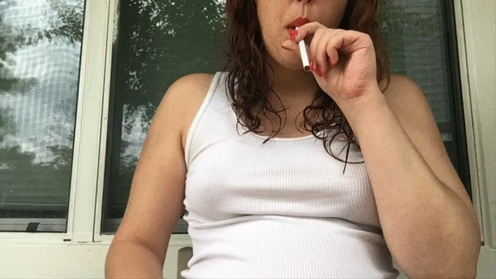 Braless Fetish Princess Smoking White Filter 100 in Red Lipstick and Nail Polish - Good Close Ups - White Tank Top