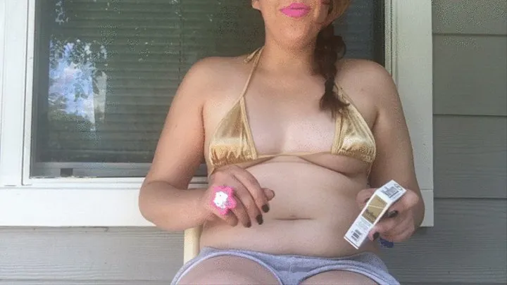 Chubby Babe Smoking Cigarette in Bikini Top and Pink Lipstick