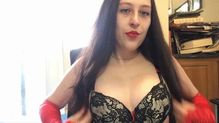 Sexy Goddess D Smoking White Filter 100 Cigarette in Red Satin Fingerless Gloves and Black Lace Bra - Red Lipstick - Long Brown Hair