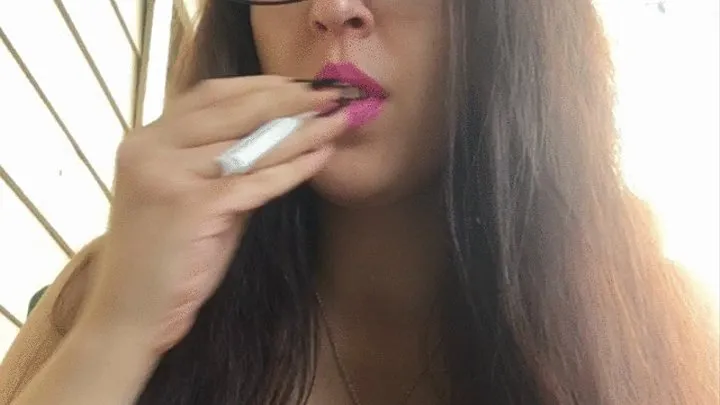 Goddess D Smoking White Filter 100 Cigarette Outside in Glasses and Tiny Bikini Top - Long Brown Hair - Bright Pink Lipstick