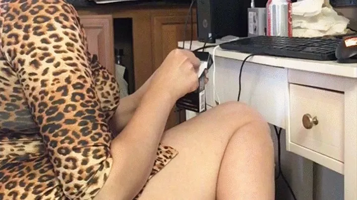 Sexy Chubby Secretary Smoking and Ignoring you at the Office - Tight Leopard Print Dress - Barefoot