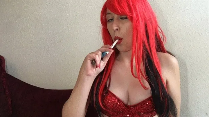 Goddess D in Red and Black Wig Smoking - Red Lipstick and Red Sequin Bra - Big Perky Tits - Marlboro Light 100 Cigarette