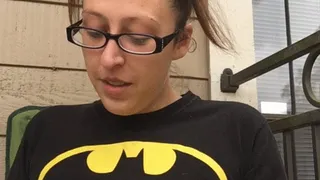 Nerdy Goddess D Smoking Cork Tip 100 Outside in Batman T Shirt and Glasses