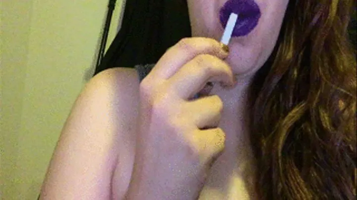 Hot Brunette Smoking in Bright Purple Lipstick