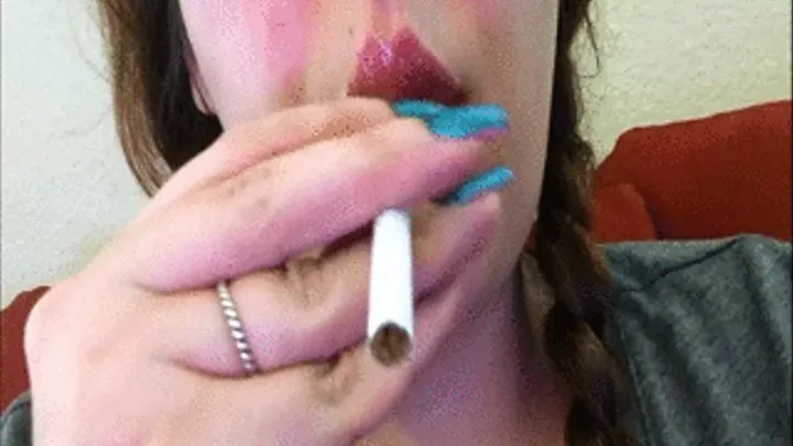 Smoking in Pigtails with Glitter Gloss Lips