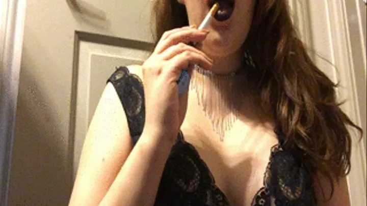 Smoking in Black Satin Nightie