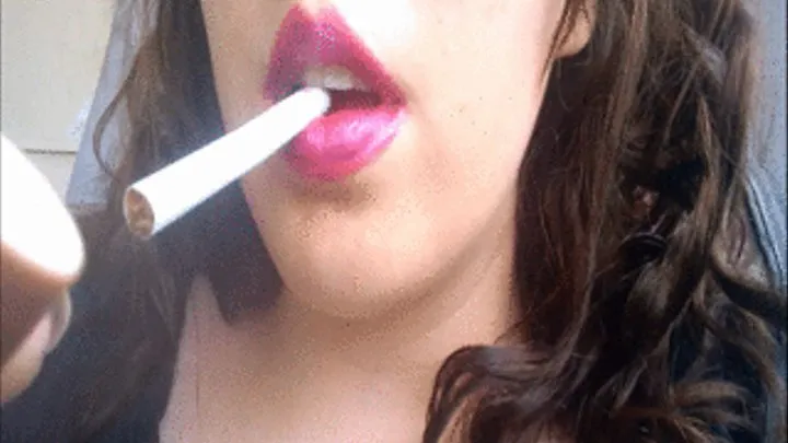 Brunette in Hot Pink Lipstick Smoking a Cigarette