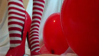 Balloon Popping and Massaging with Red Heels and Stockings