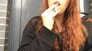 Sexy Long Haired Redhead Smoking in Bra Outside in Public