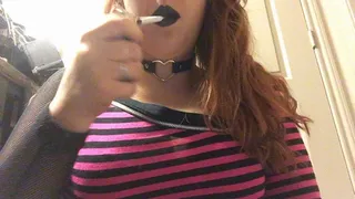 Chubby Goth Redhead Babe Smoking Marlboro Light 100 in Black Lipstick