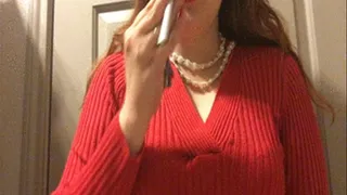 Pale Redhead Babe Smoking in Sexy Red Sweater - Classy Pearl Necklace