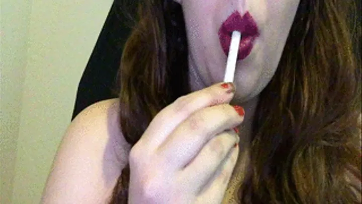 Brunette with Long Hair Smoking in Sexy Magenta Lipstick