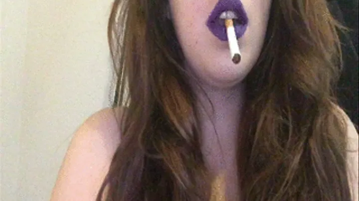 Brunette Smoking Cork Tip with Bright Purple Lipstick